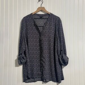 Simply Emma Plus 3X Black White Patterned Tunic Button Down RollTab Office Siren